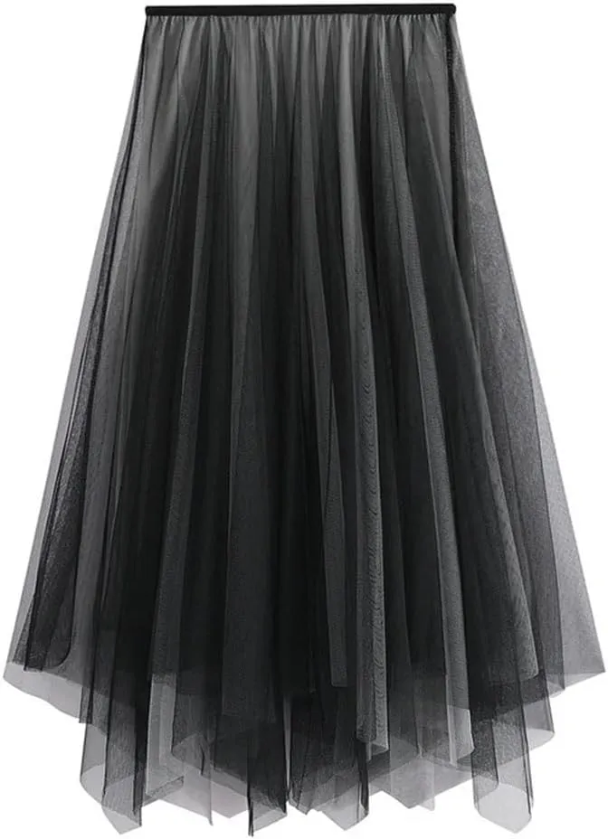 Women Casual Gradient Color Tulle A-Line Long Skirt Loose High Waist Irregular Midi Skirts