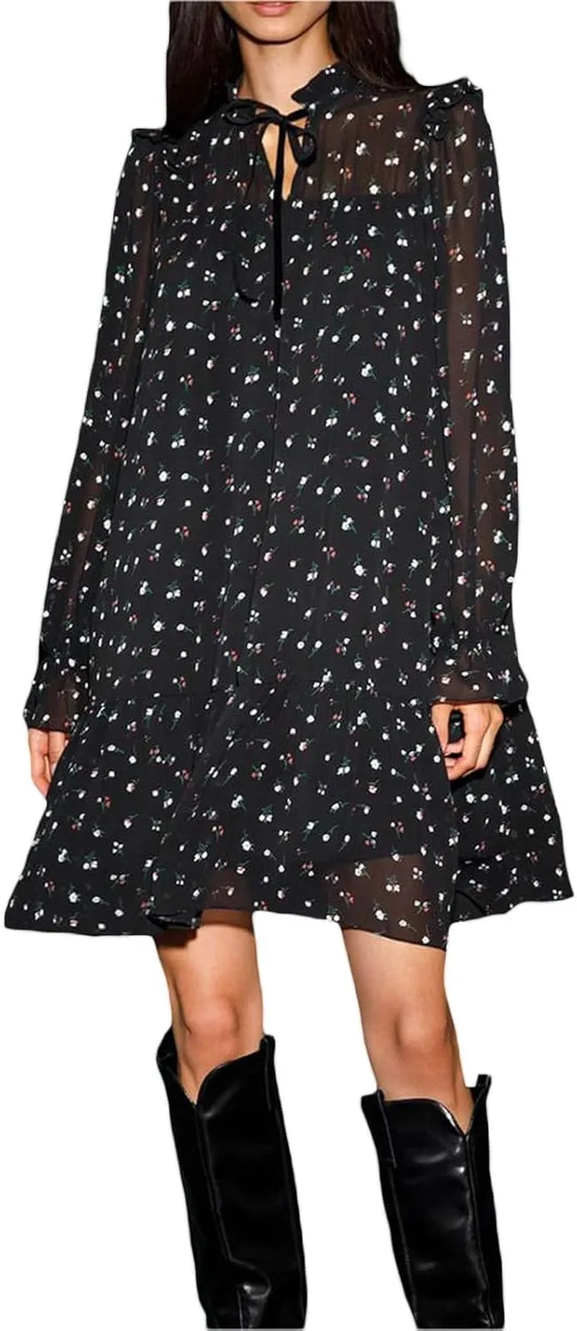 Women Chiffon Mock Neck Floral Mini Dress Long Puff Sleeve Ruffle Layered Flowy Tie Up Tunic Party Beach Short Dress