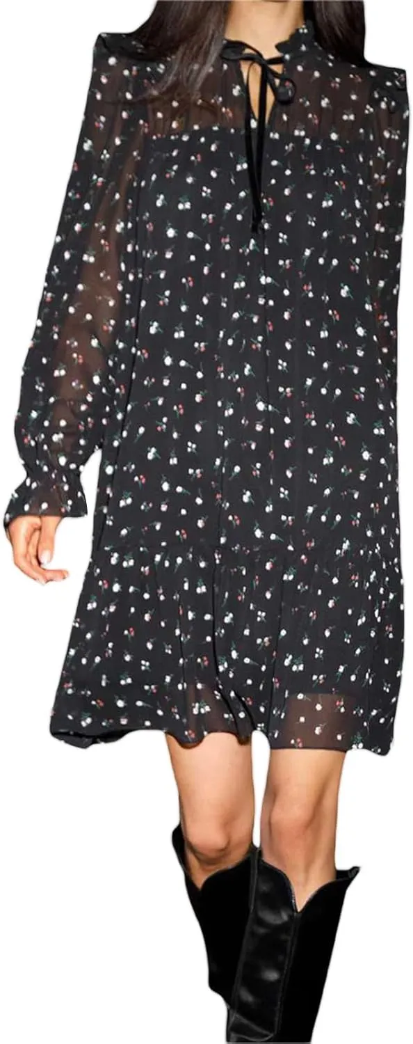 Women Chiffon Mock Neck Floral Mini Dress Long Puff Sleeve Ruffle Layered Flowy Tie Up Tunic Party Beach Short Dress