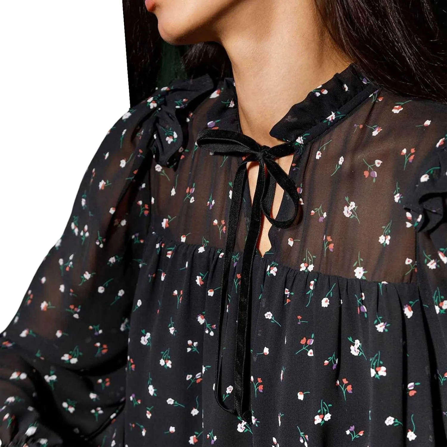 Women Chiffon Mock Neck Floral Mini Dress Long Puff Sleeve Ruffle Layered Flowy Tie Up Tunic Party Beach Short Dress