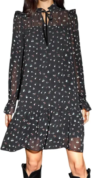 Women Chiffon Mock Neck Floral Mini Dress Long Puff Sleeve Ruffle Layered Flowy Tie Up Tunic Party Beach Short Dress