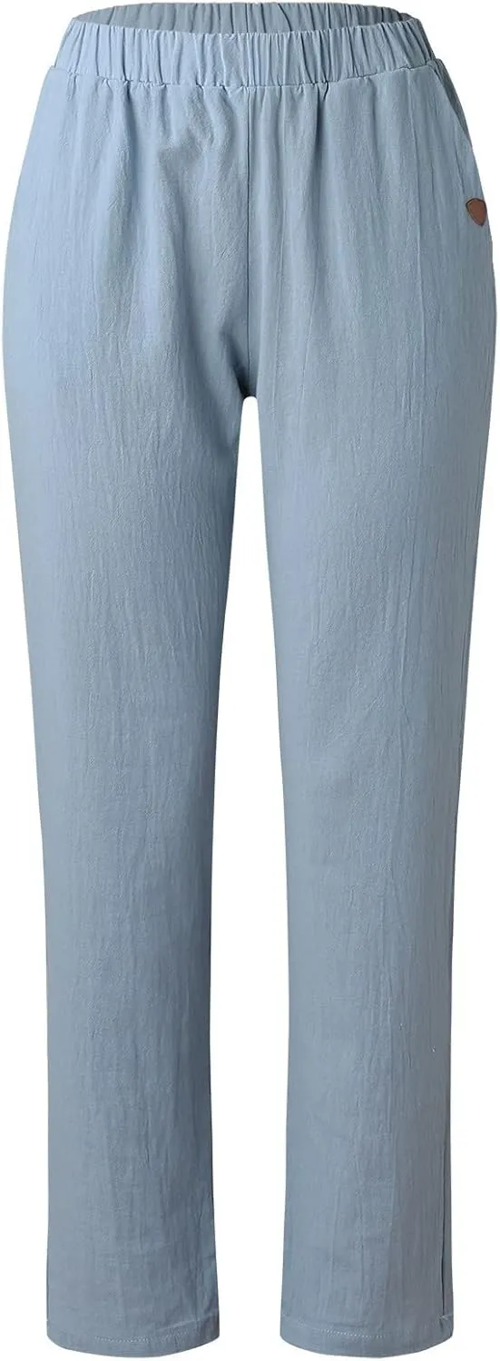 Women Cotton Linen Wide Leg Pants Harem Casual Pants with Pockets Boho Summer Beach Pants Comfy Lounge Pants Athletic Joggers