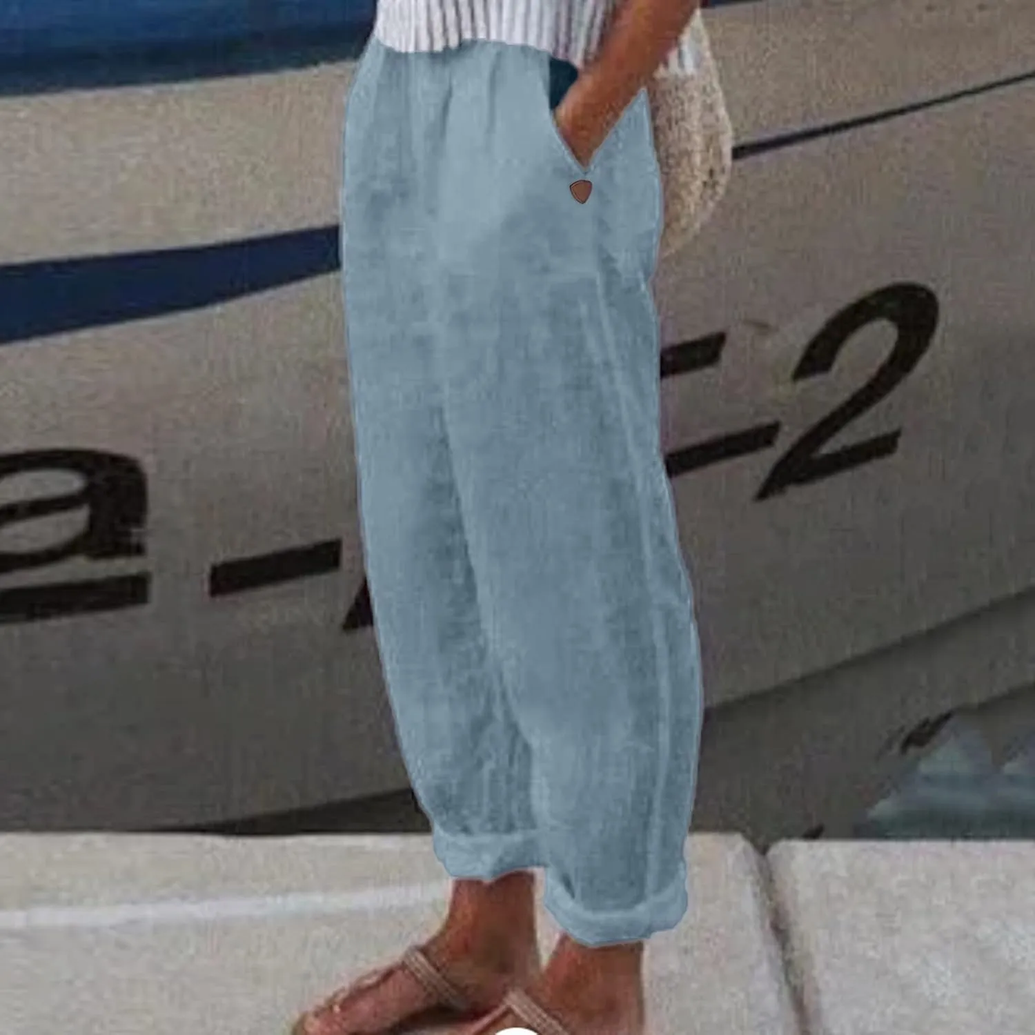 Women Cotton Linen Wide Leg Pants Harem Casual Pants with Pockets Boho Summer Beach Pants Comfy Lounge Pants Athletic Joggers