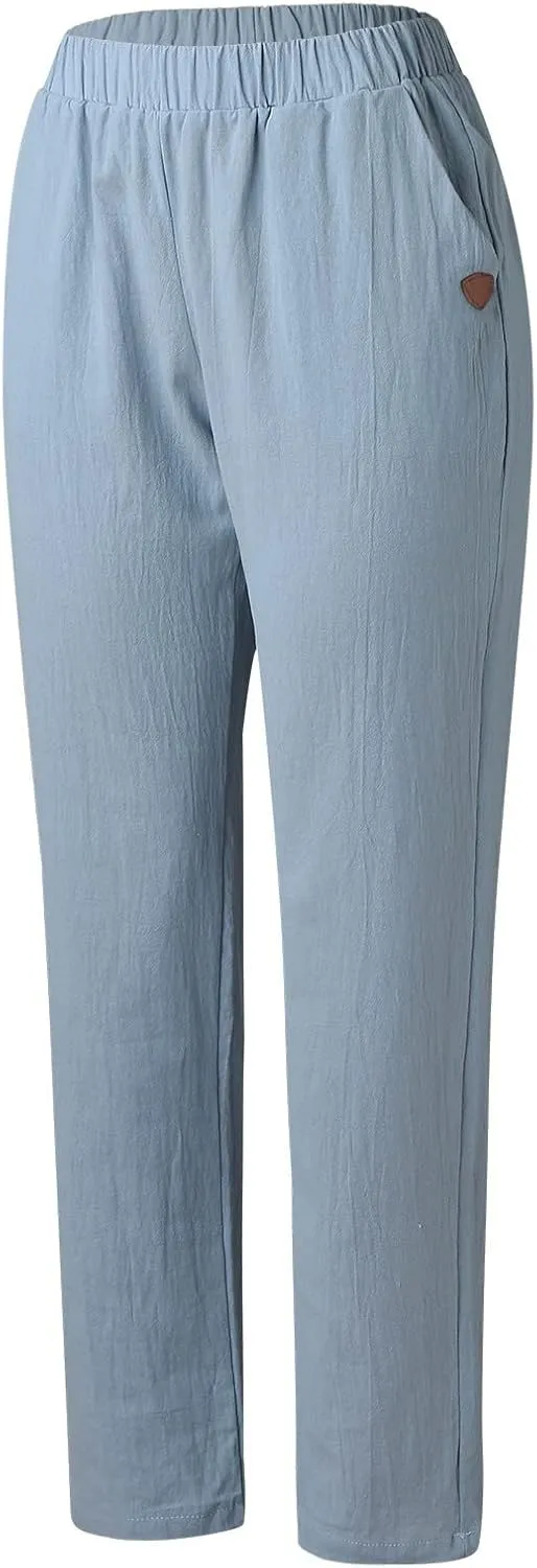 Women Cotton Linen Wide Leg Pants Harem Casual Pants with Pockets Boho Summer Beach Pants Comfy Lounge Pants Athletic Joggers