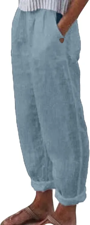 Women Cotton Linen Wide Leg Pants Harem Casual Pants with Pockets Boho Summer Beach Pants Comfy Lounge Pants Athletic Joggers