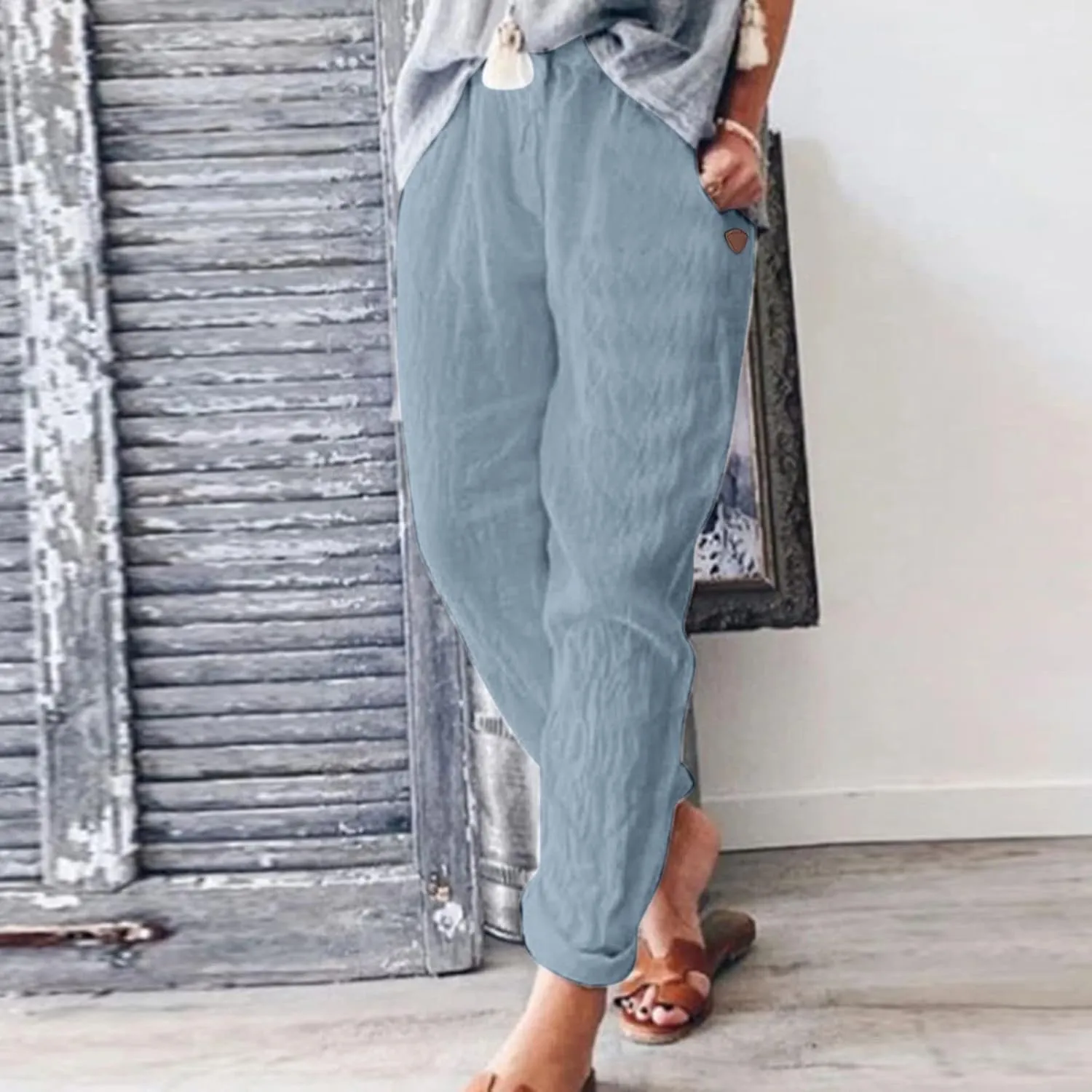 Women Cotton Linen Wide Leg Pants Harem Casual Pants with Pockets Boho Summer Beach Pants Comfy Lounge Pants Athletic Joggers