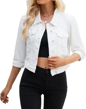 Women Cropped Denim Jacket Button Down Collarless Long Sleeve Frayed Hem Jean Jackets