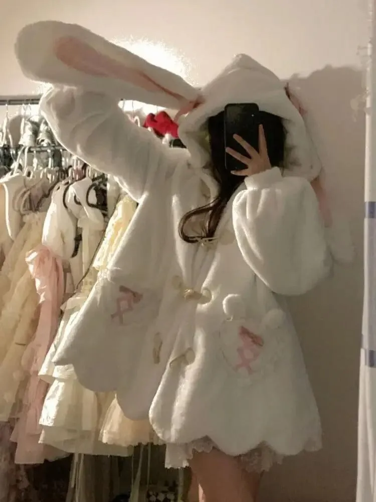 Women Cute Bunny Ear Long Sleeve Fuzzy Fluffy Rabbit Tops Sweatshirt Hoodie Jacket Coats