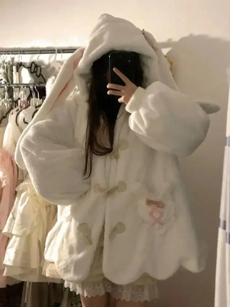 Women Cute Bunny Ear Long Sleeve Fuzzy Fluffy Rabbit Tops Sweatshirt Hoodie Jacket Coats