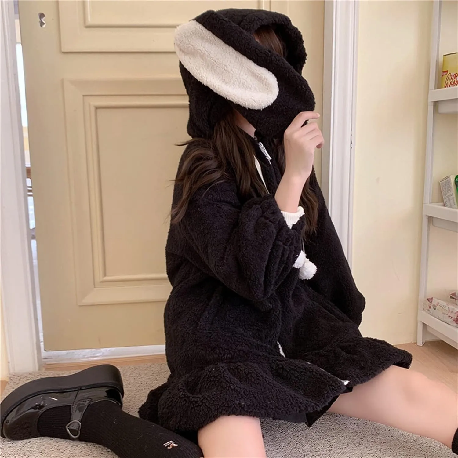Women Cute Bunny Ear Long Sleeve Fuzzy Fluffy Rabbit Tops Sweatshirt Hoodie Jacket Coats