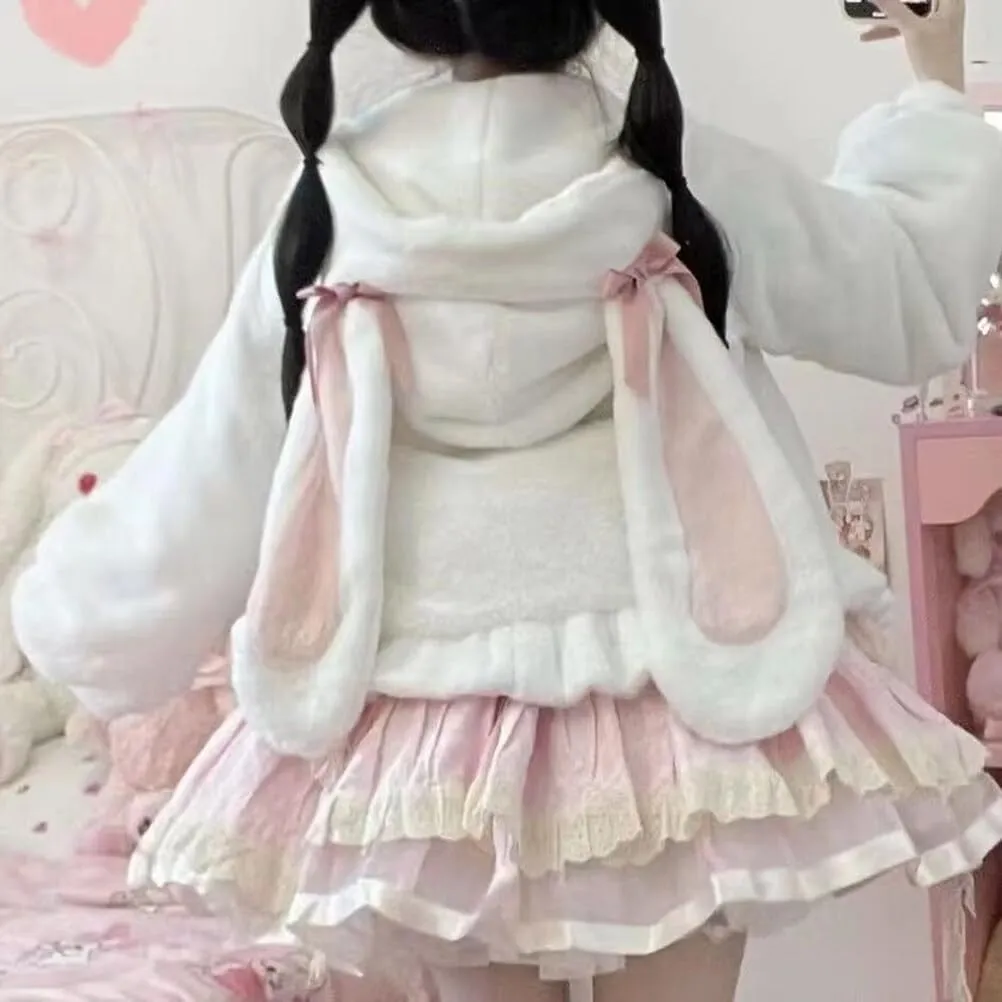 Women Cute Bunny Ear Long Sleeve Fuzzy Fluffy Rabbit Tops Sweatshirt Hoodie Jacket Coats