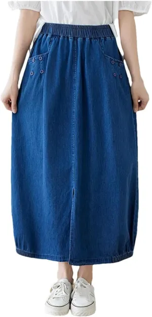 Women Elastic High Waist Denim Skirt A-Line Split Ruffle Skirts Loose Midi Blue Pleated Skirt