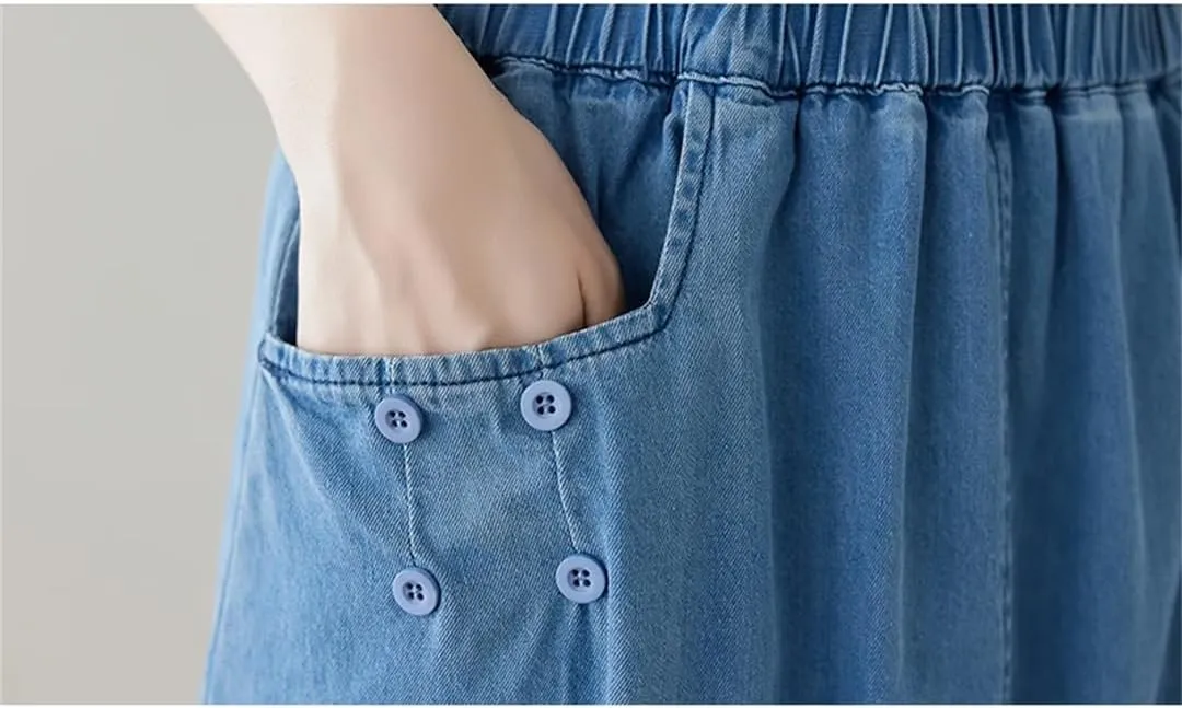 Women Elastic High Waist Denim Skirt A-Line Split Ruffle Skirts Loose Midi Blue Pleated Skirt