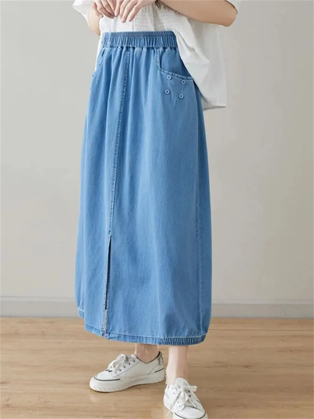 Women Elastic High Waist Denim Skirt A-Line Split Ruffle Skirts Loose Midi Blue Pleated Skirt