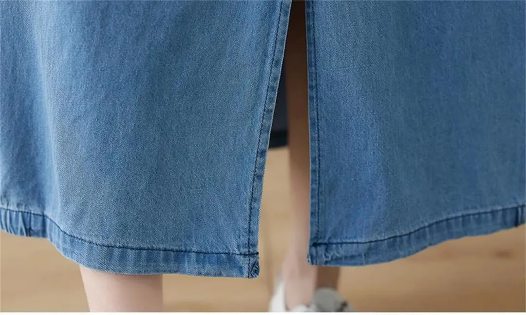 Women Elastic High Waist Denim Skirt A-Line Split Ruffle Skirts Loose Midi Blue Pleated Skirt