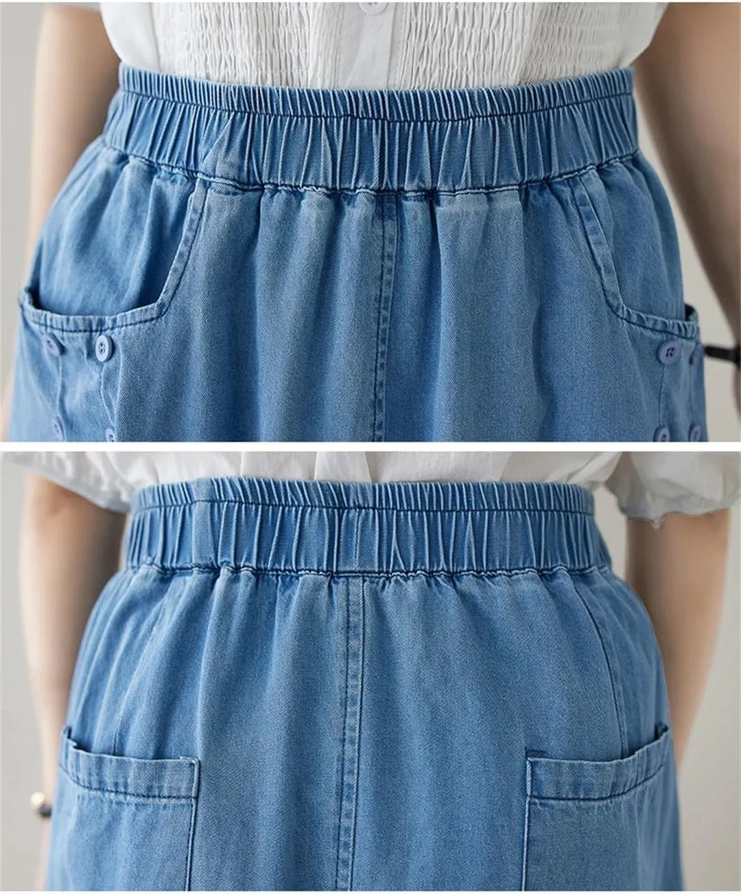 Women Elastic High Waist Denim Skirt A-Line Split Ruffle Skirts Loose Midi Blue Pleated Skirt