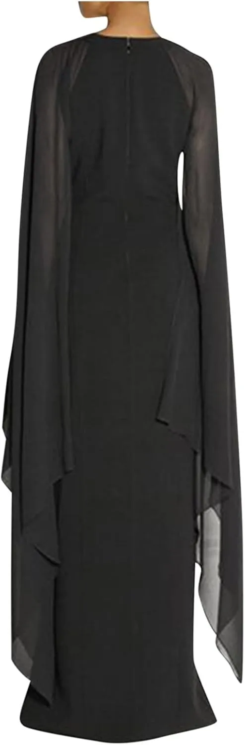Women Elegant Split Cocktail Pencil Dress Cape Sleeve Chiffon Patchwork Formal Evening Maxi Gowns Wedding Dresses