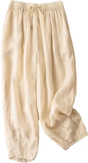 Women Embroidery Wide Leg Pants Summer Vintage Trousers Casual Drawstring Harem Pants