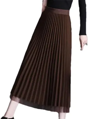 Women Fashion Elastic Waist Spliced Pleated Skirts Thick Loose Solid Color Skirts Midi A-Line Skirts