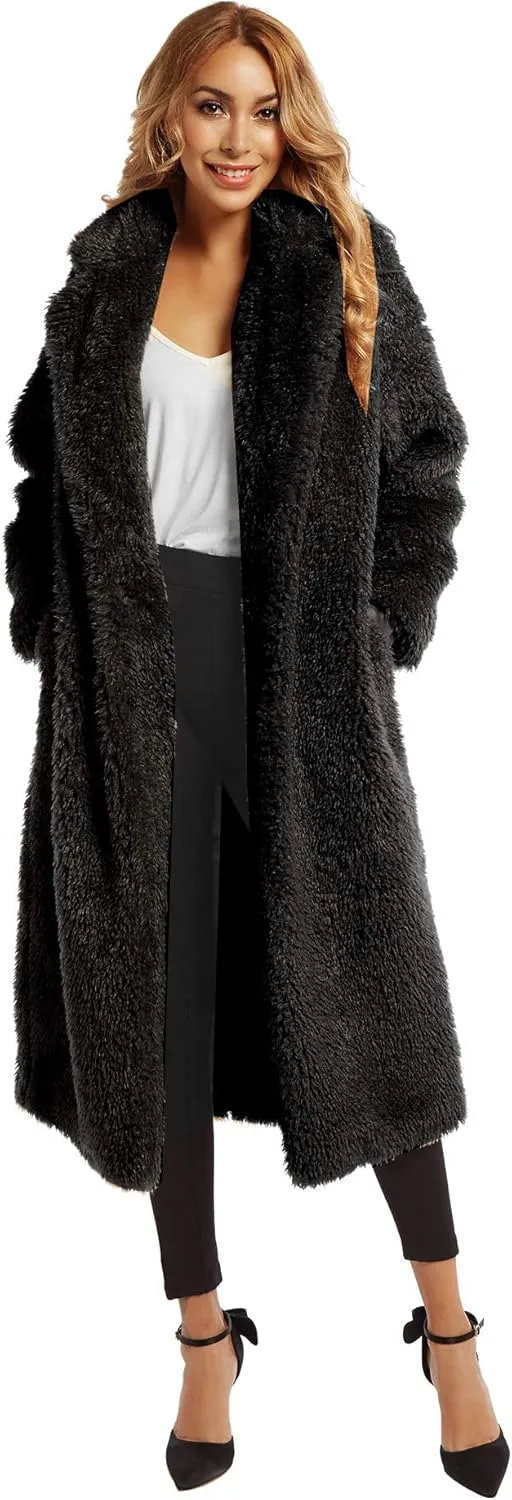 Women Faux Fur Winter Coats Comfort Warm Outerwear Open Front Long Cardigan Overcoat Jacket