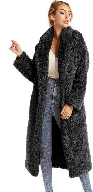 Women Faux Fur Winter Coats Comfort Warm Outerwear Open Front Long Cardigan Overcoat Jacket