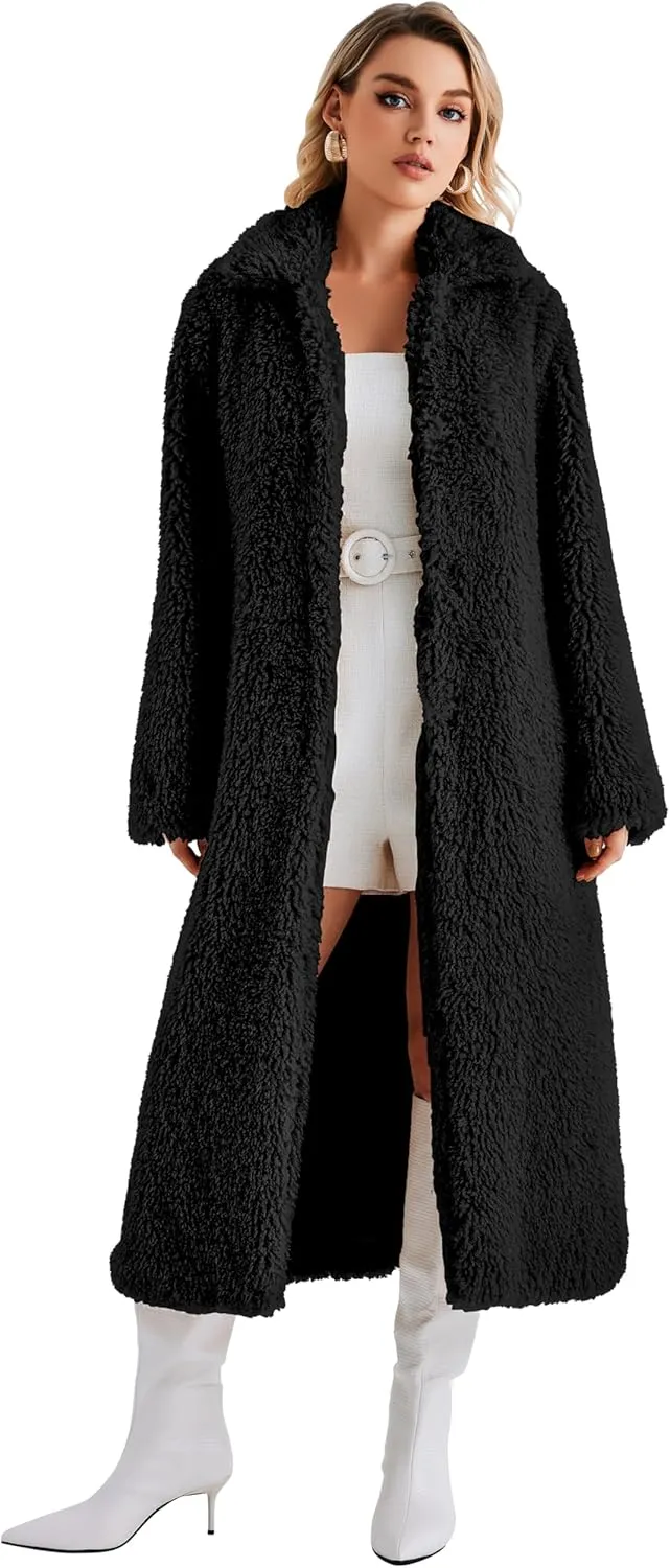 Women Faux Fur Winter Coats Open Front Long Cardigan Coat Warm Women's Fuzzy Fleece Jacket Overcoat Outwear with Pocket S-XXL