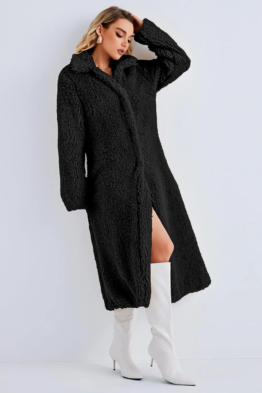 Women Faux Fur Winter Coats Open Front Long Cardigan Coat Warm Women's Fuzzy Fleece Jacket Overcoat Outwear with Pocket S-XXL