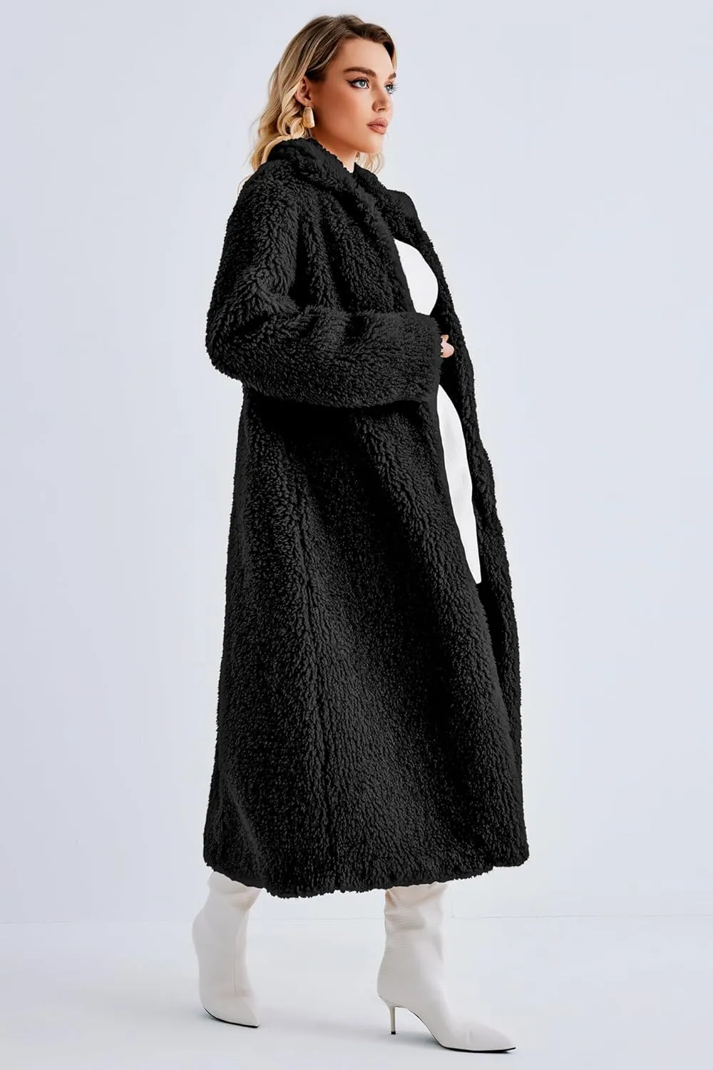Women Faux Fur Winter Coats Open Front Long Cardigan Coat Warm Women's Fuzzy Fleece Jacket Overcoat Outwear with Pocket S-XXL