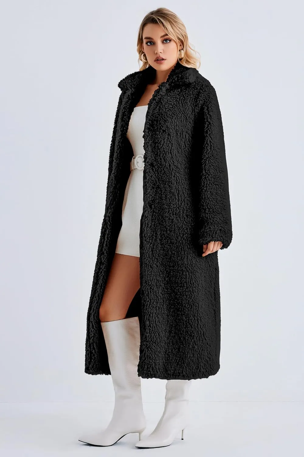 Women Faux Fur Winter Coats Open Front Long Cardigan Coat Warm Women's Fuzzy Fleece Jacket Overcoat Outwear with Pocket S-XXL