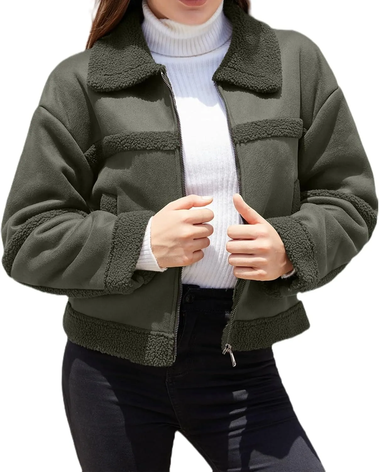 Women Faux Leather Suede Jacket Winter Long Sleeve Furry Trim Parka Moto Biker Sherpa-Lined Coat with Fur Collar