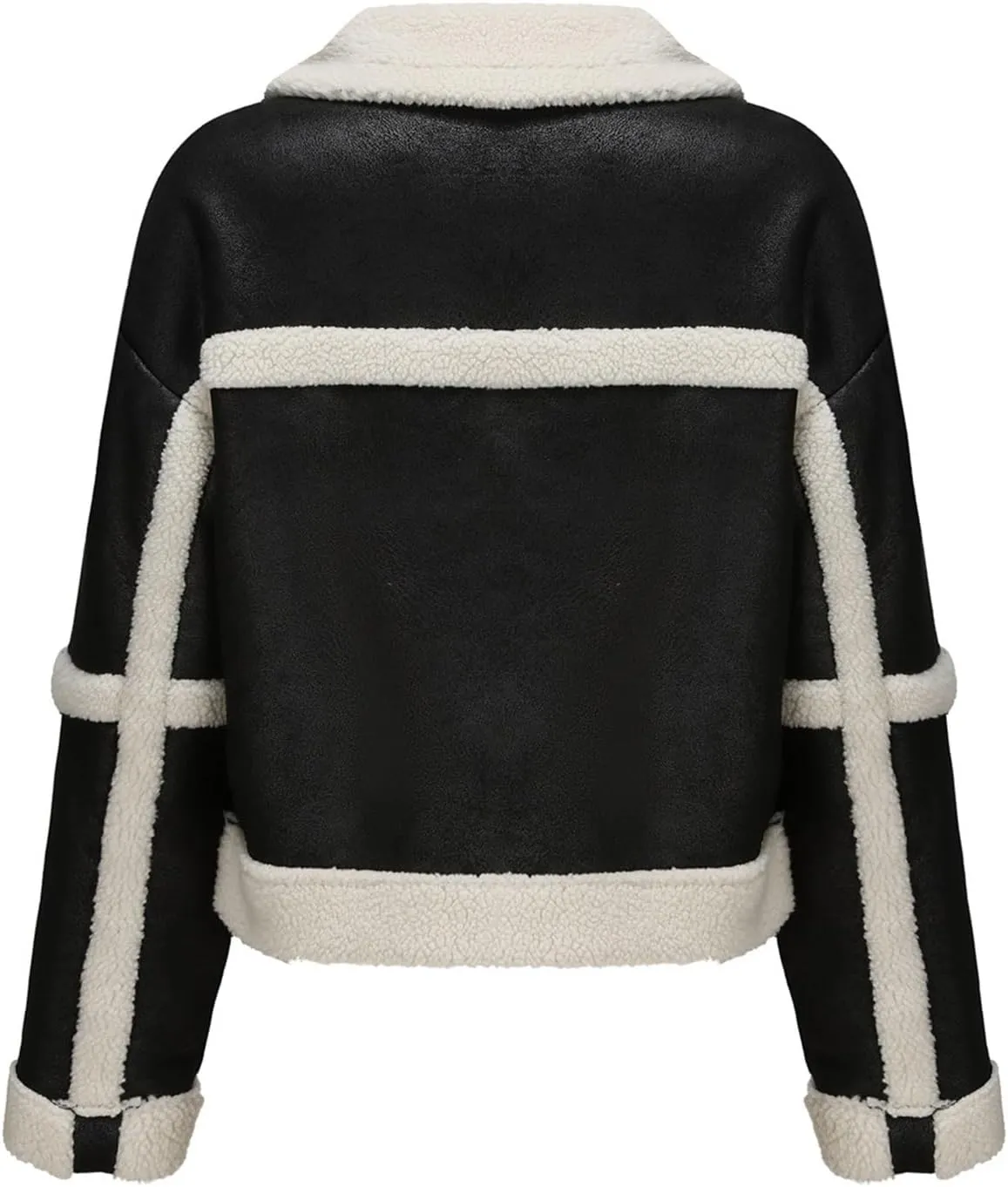 Women Faux Leather Suede Jacket Winter Long Sleeve Furry Trim Parka Moto Biker Sherpa-Lined Coat with Fur Collar
