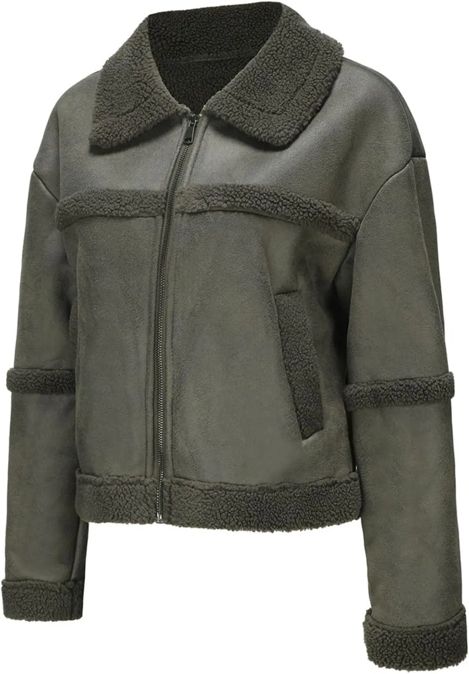 Women Faux Leather Suede Jacket Winter Long Sleeve Furry Trim Parka Moto Biker Sherpa-Lined Coat with Fur Collar