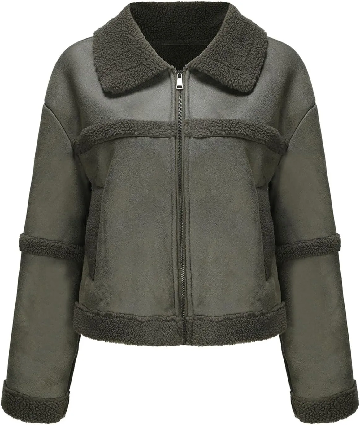 Women Faux Leather Suede Jacket Winter Long Sleeve Furry Trim Parka Moto Biker Sherpa-Lined Coat with Fur Collar