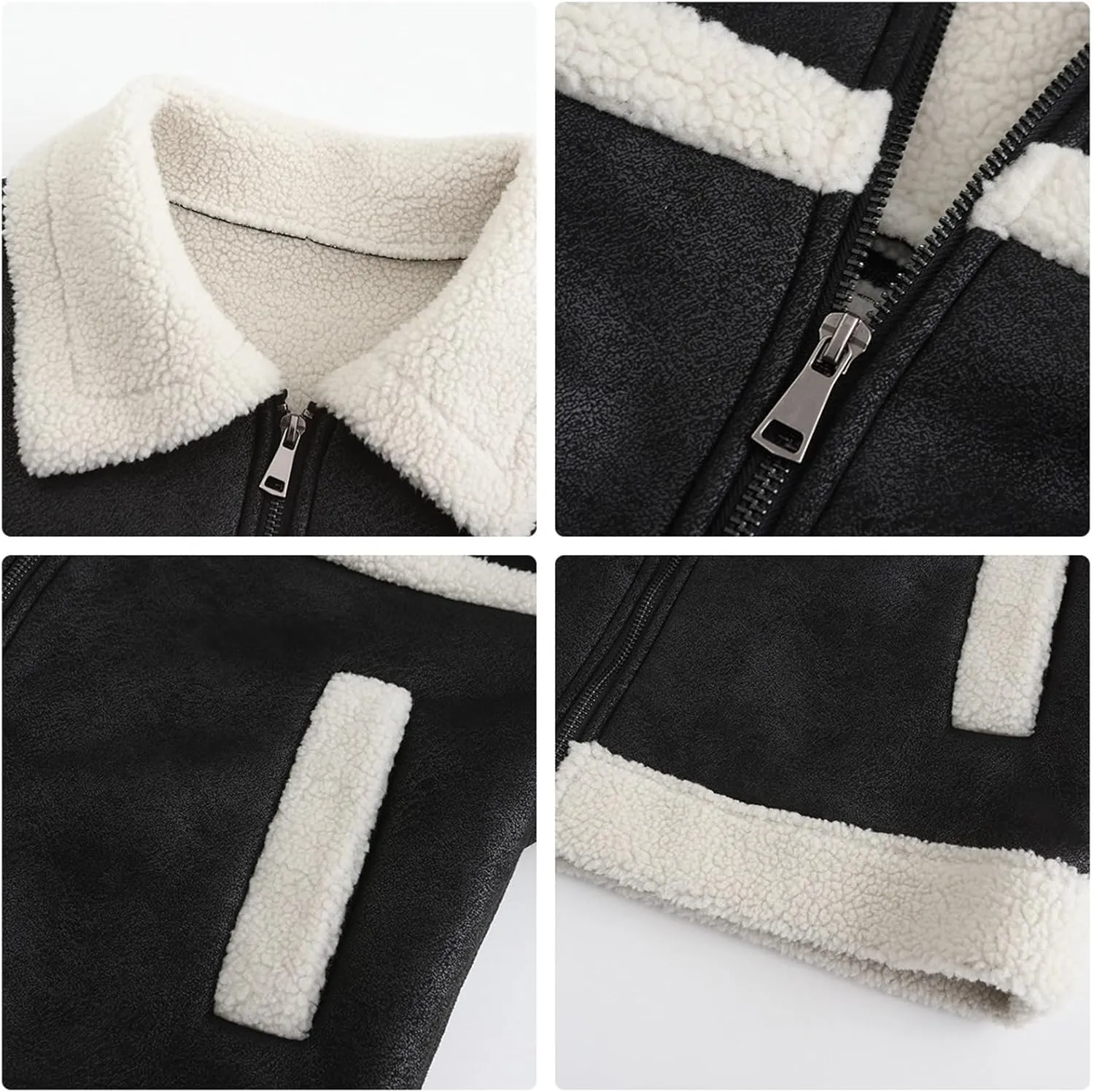 Women Faux Leather Suede Jacket Winter Long Sleeve Furry Trim Parka Moto Biker Sherpa-Lined Coat with Fur Collar