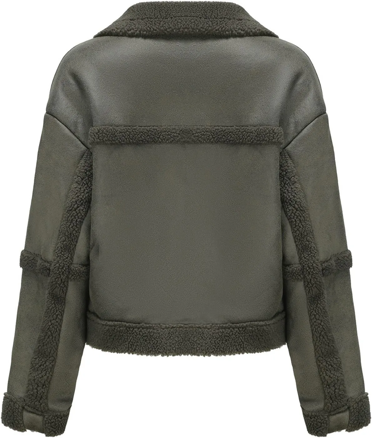 Women Faux Leather Suede Jacket Winter Long Sleeve Furry Trim Parka Moto Biker Sherpa-Lined Coat with Fur Collar