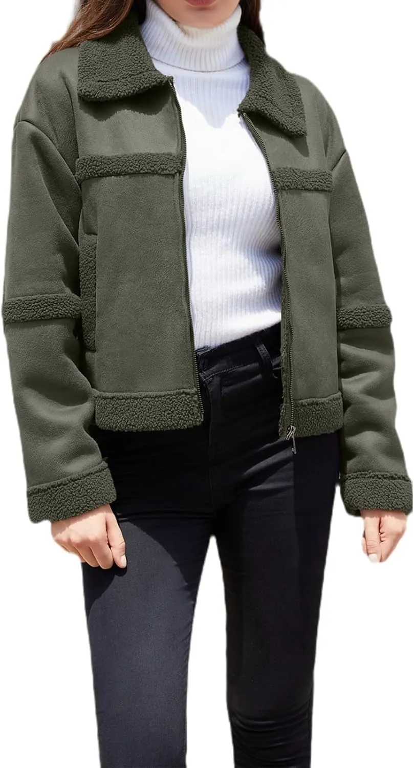 Women Faux Leather Suede Jacket Winter Long Sleeve Furry Trim Parka Moto Biker Sherpa-Lined Coat with Fur Collar
