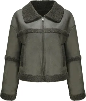 Women Faux Leather Suede Jacket Winter Long Sleeve Furry Trim Parka Moto Biker Sherpa-Lined Coat with Fur Collar