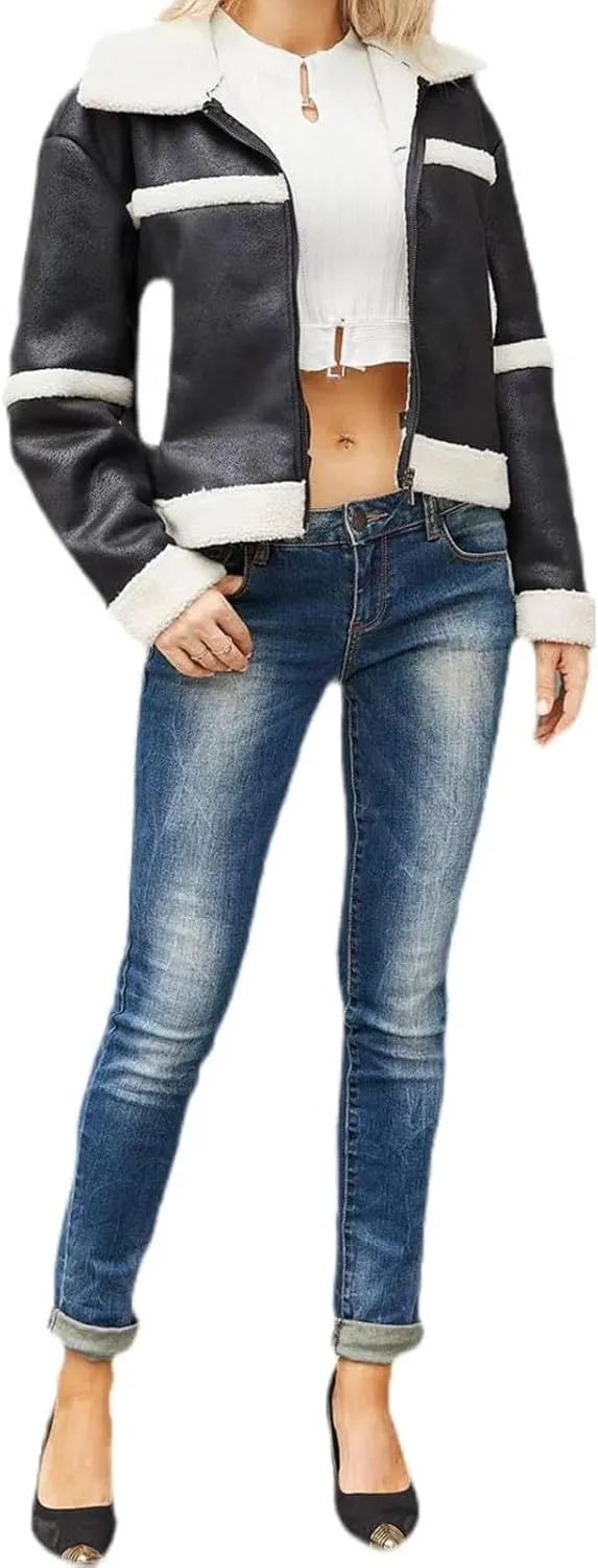 Women Faux Leather Suede Jacket Winter Long Sleeve Furry Trim Parka Moto Biker Sherpa-Lined Coat with Fur Collar