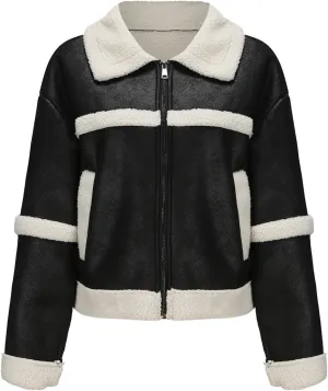 Women Faux Leather Suede Jacket Winter Long Sleeve Furry Trim Parka Moto Biker Sherpa-Lined Coat with Fur Collar