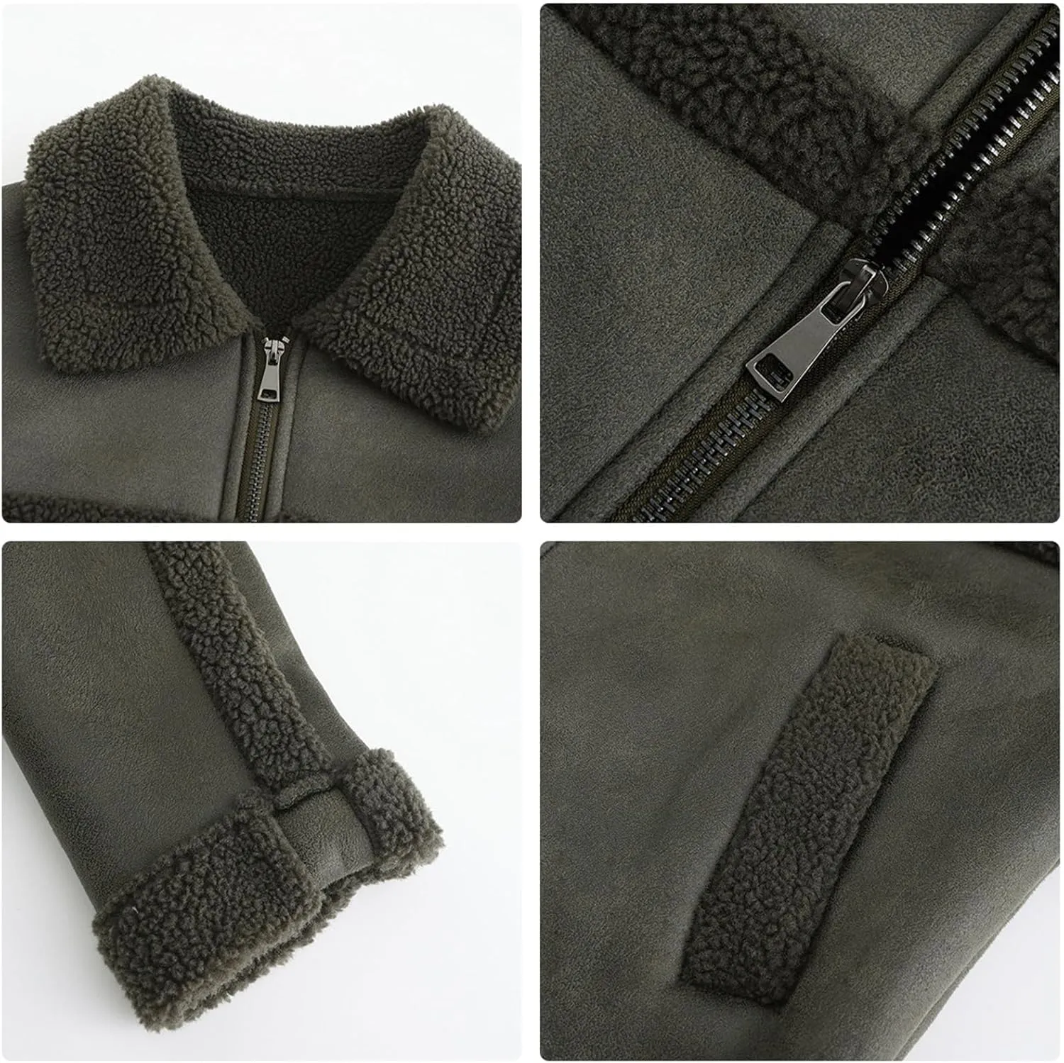 Women Faux Leather Suede Jacket Winter Long Sleeve Furry Trim Parka Moto Biker Sherpa-Lined Coat with Fur Collar