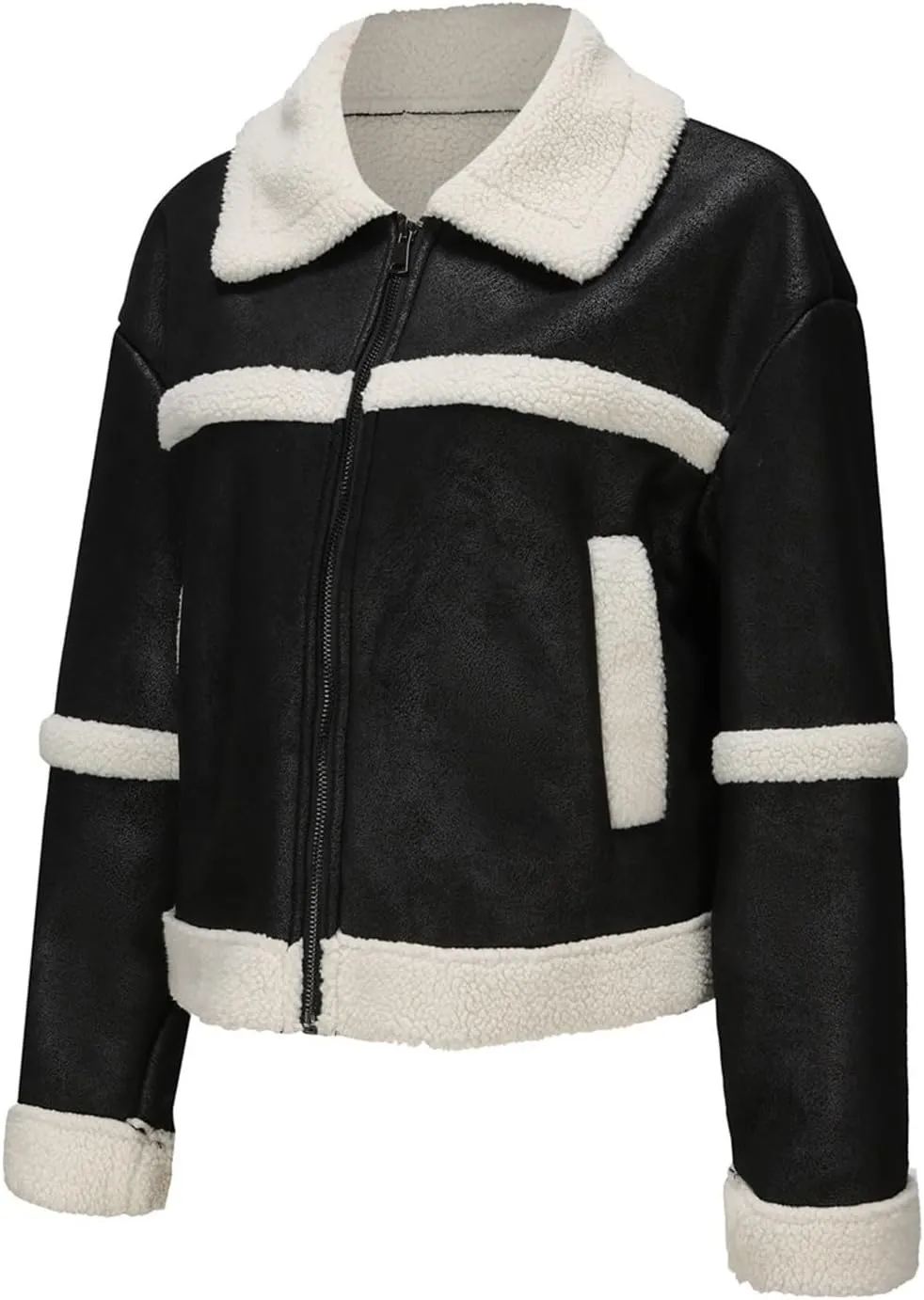 Women Faux Leather Suede Jacket Winter Long Sleeve Furry Trim Parka Moto Biker Sherpa-Lined Coat with Fur Collar