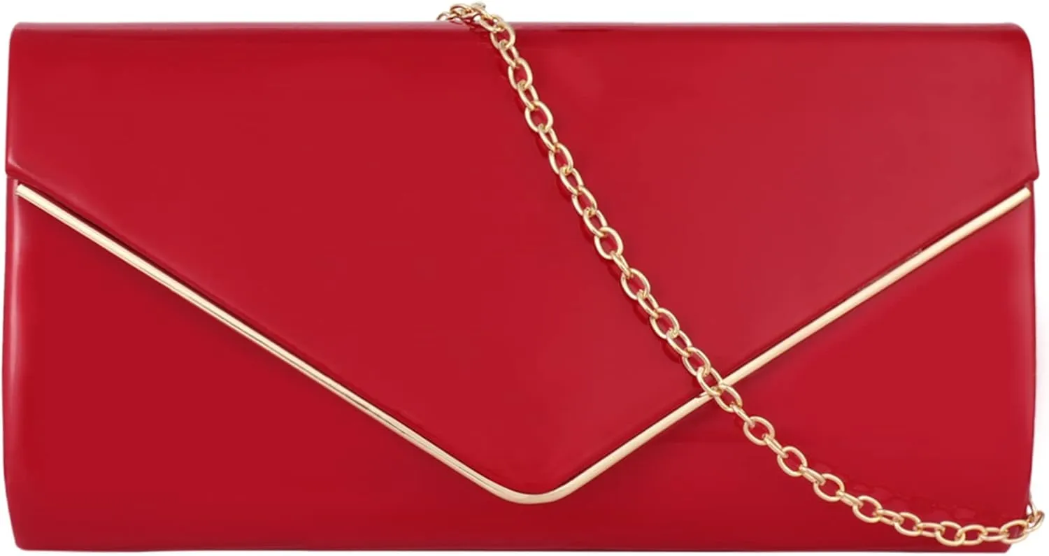 Women Glossy Patent Leather Evening Purse Flap Envelope Clutch Handbag Chain Wedding Crossbody Shoulder