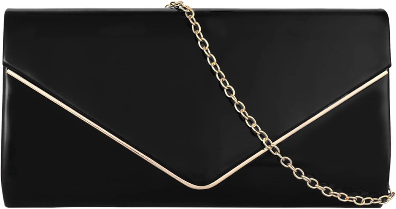 Women Glossy Patent Leather Evening Purse Flap Envelope Clutch Handbag Chain Wedding Crossbody Shoulder