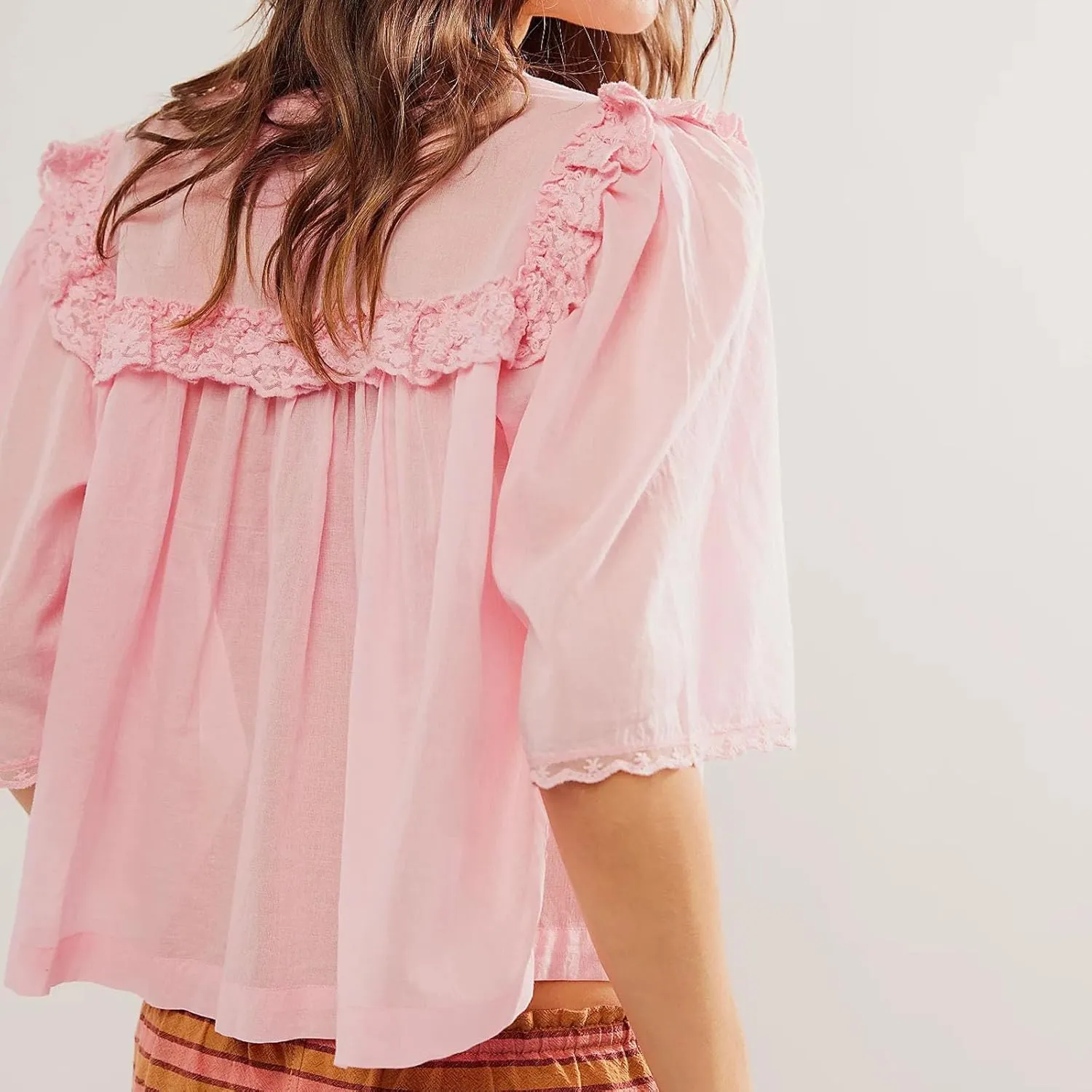 Women Lace Button up Shirt Short Sleeve Semi Sheer Ruffle Blouse Y2k Going Out Tops Coquette Flowy Clothes