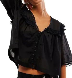 Women Lace Button up Shirt Short Sleeve Semi Sheer Ruffle Blouse Y2k Going Out Tops Coquette Flowy Clothes