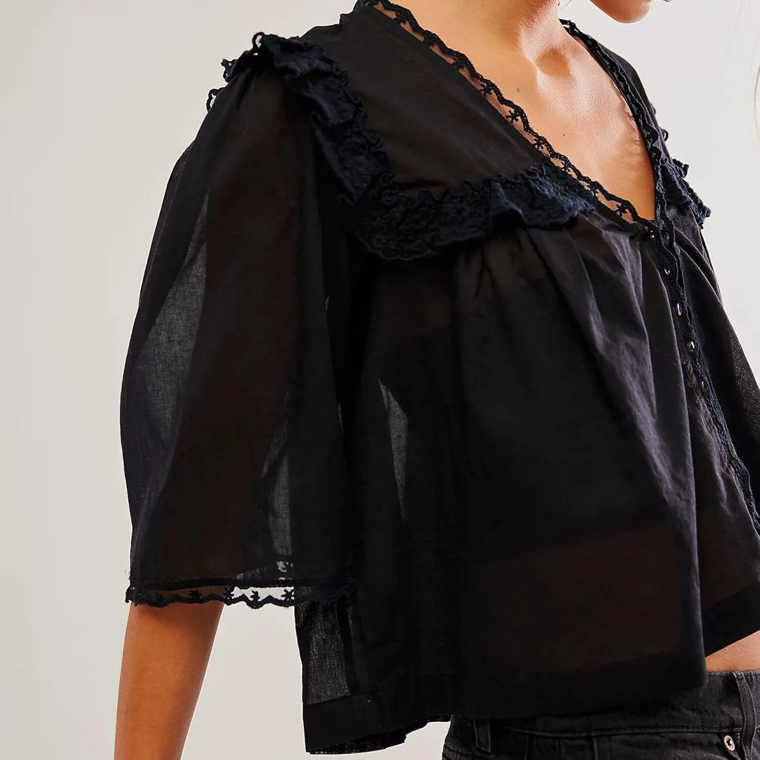 Women Lace Button up Shirt Short Sleeve Semi Sheer Ruffle Blouse Y2k Going Out Tops Coquette Flowy Clothes