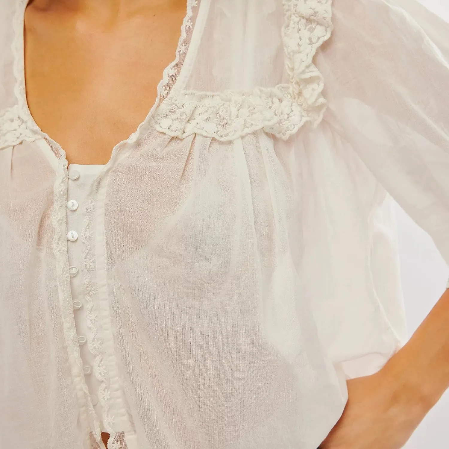 Women Lace Button up Shirt Short Sleeve Semi Sheer Ruffle Blouse Y2k Going Out Tops Coquette Flowy Clothes