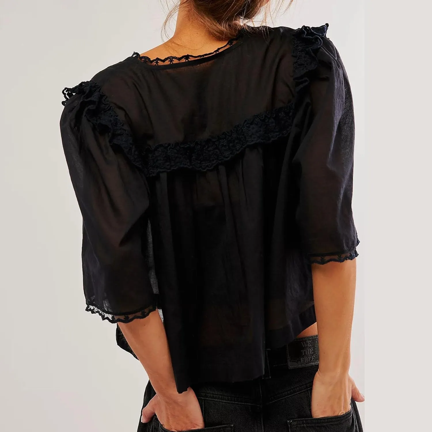 Women Lace Button up Shirt Short Sleeve Semi Sheer Ruffle Blouse Y2k Going Out Tops Coquette Flowy Clothes