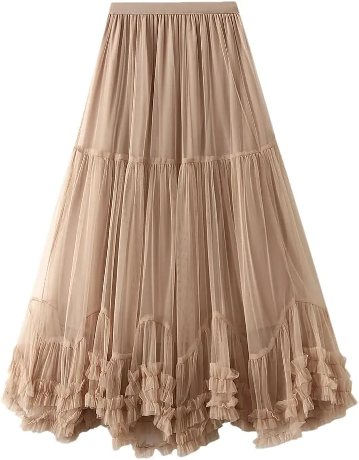 Women Long Elastic High Waist Skirt Ruffle Hem Skirt Fluffy A-Line Solid Color Midi Skirts