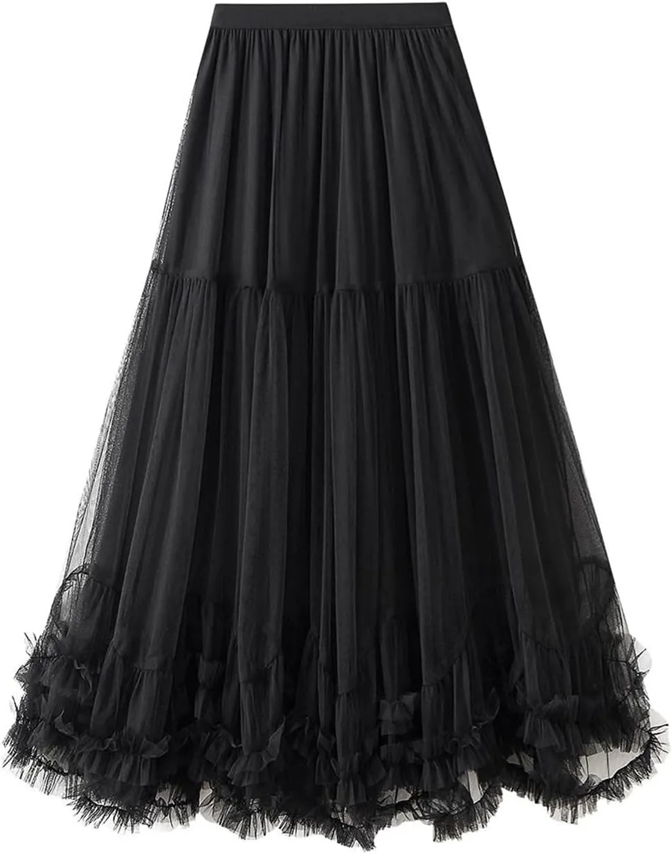 Women Long Elastic High Waist Skirt Ruffle Hem Skirt Fluffy A-Line Solid Color Midi Skirts